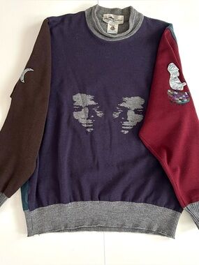 Vintage 90s 100% Wool Sweater with Metal Emblems on Sleeves - Size XL - Mens